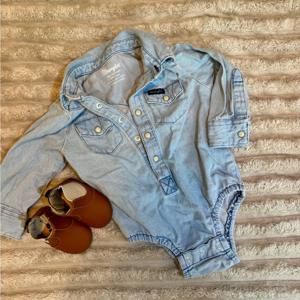 Wrangler Denim Baby Onesie with Brown Shoes